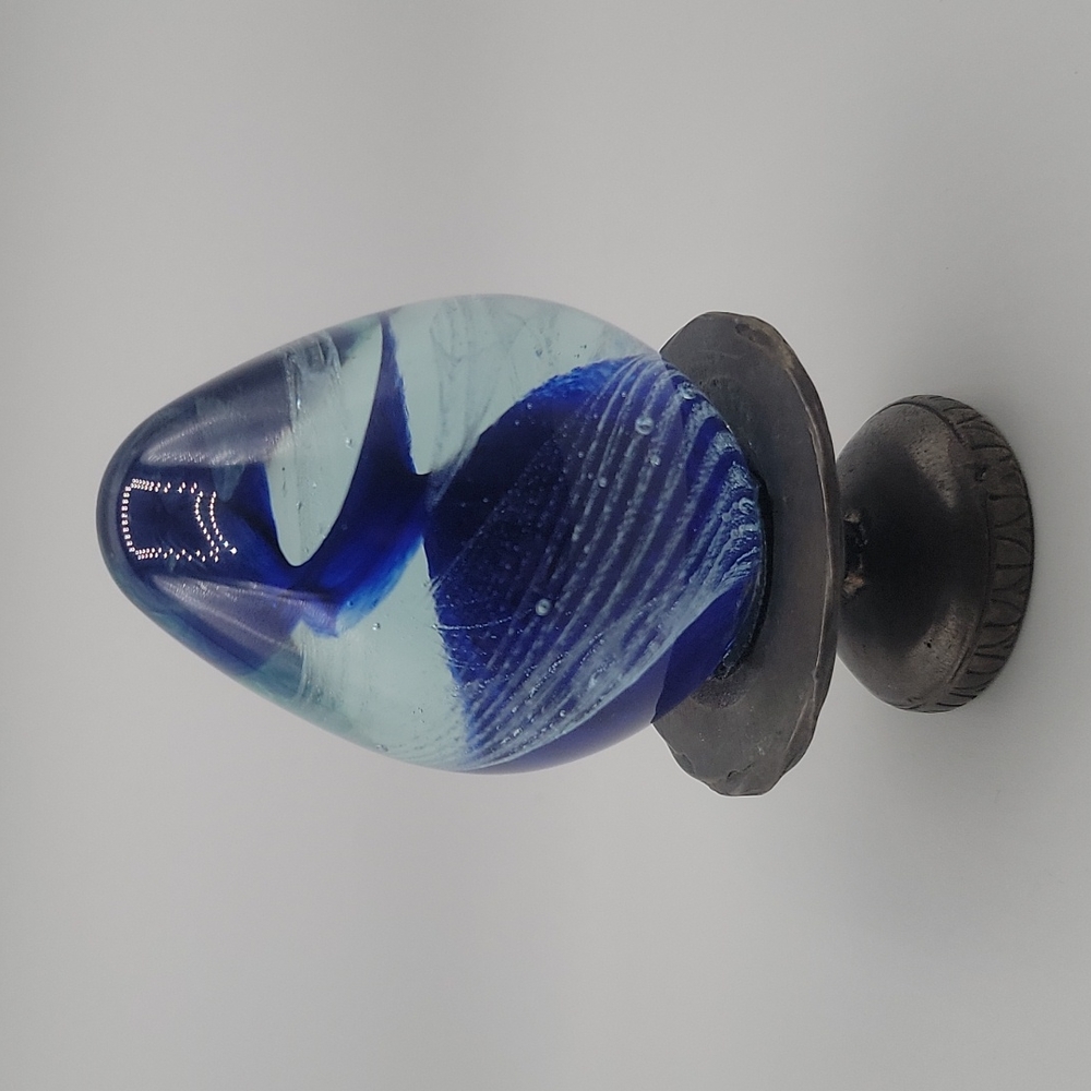 Hand blown Blue Spiral Egg on a Pewter Metal Base Art Glass Spiral Egg Blue